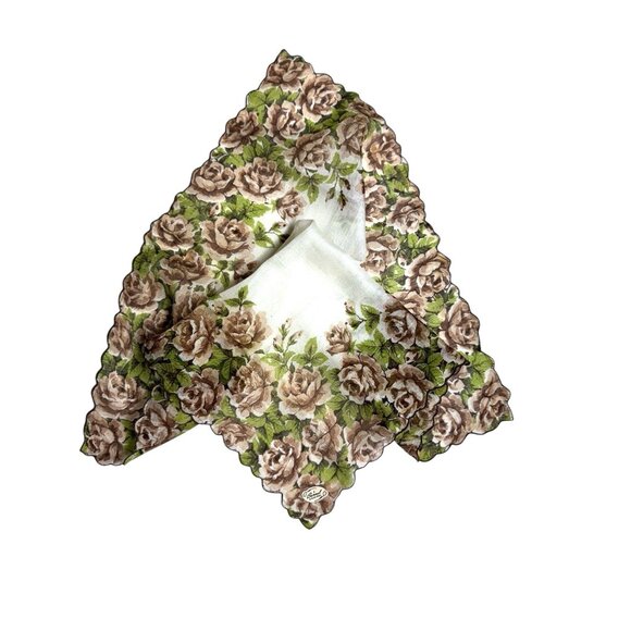 Embroidered handkerchief hankie 13 in. by 13 in. Brown and white embroidered edg - Picture 9 of 10